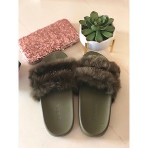 Bebe Faux Fur Slides With Rhinestones